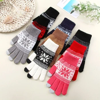 Унисекс, Зимние теплые перчатки с принтом в виде снежинок, толстые для сенсорного экрана, Трикотажные Стрейчевые перчатки - Изображение 2  