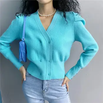 Французский ретро сапфирово-синий свитер с V-образным вырезом, двубортный свитер-кардиган в западном стиле с пышными рукавами, женская куртка-кардиган - Изображение 1  