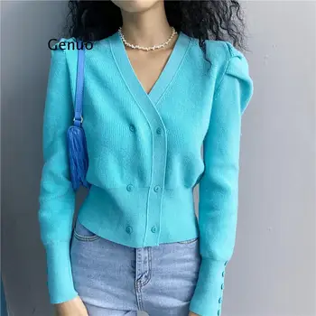 Французский ретро сапфирово-синий свитер с V-образным вырезом, двубортный свитер-кардиган в западном стиле с пышными рукавами, женская куртка-кардиган - Изображение 2  