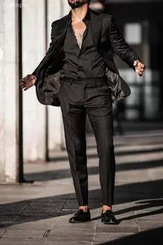 Черные мужские костюмы, блейзер с остроконечным отворотом, пиджак на одной пуговице, смокинги, свадебная одежда для жениха, деловой костюм для выпускного вечера, пальто + брюки, 2 предмета - Изображение 2  