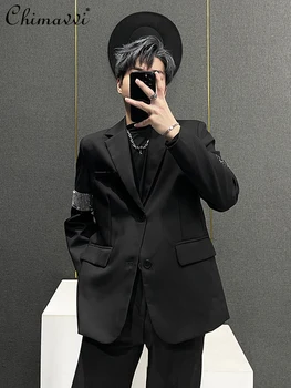 Черный блейзер Мужской Осенне-зимний Модный Новый Корейский стиль, свободный костюм с бриллиантовыми рукавами, пальто, красивые куртки с длинными рукавами - Изображение 1  