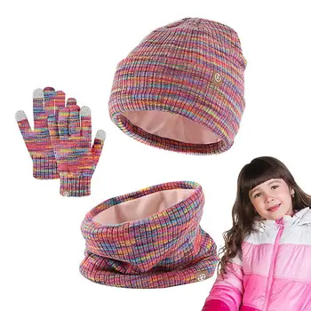 Шапка и перчатки для девочек, комплект шапок-шарфов для холодной погоды, теплые перчатки-бини из мягкой вязки, шарф для кемпинга и путешествий - Изображение 1  