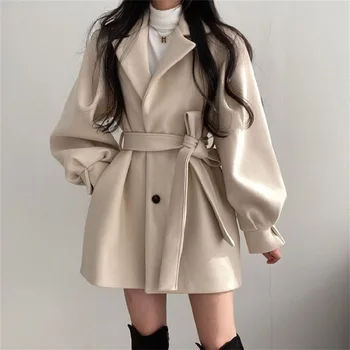 Шерстяное пальто с воротником-блейзером средней Длины, женская Зимняя куртка с поясом, Нишевое Винтажное Свободное Модное Пальто, Однотонные Тренчи - Изображение 1  