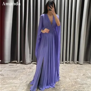 Элегантное фиолетовое вечернее платье трапециевидной формы Amanda, сексуальное шифоновое платье для выпускного вечера с V-образным вырезом и складками 2024 года, вечернее платье трапециевидной формы со складками. - Изображение 1  