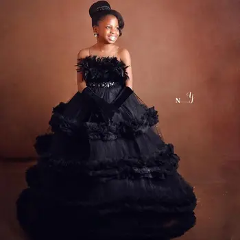 Элегантное черное бальное платье, нарядные платья с перьями и оборками, детские платья на день рождения, гламурные детские платья для фотосъемки без рукавов - Изображение 1  
