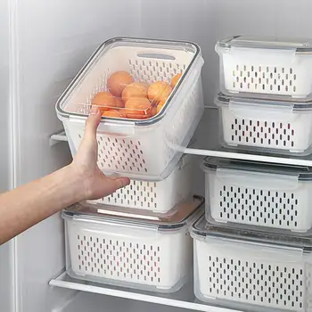 Ящик для хранения холодильника, Органайзер для холодильника, Коробки для свежих овощей и фруктов, Сливная корзина, Контейнеры для хранения, Кладовая, Кухонный органайзер - Изображение 1  